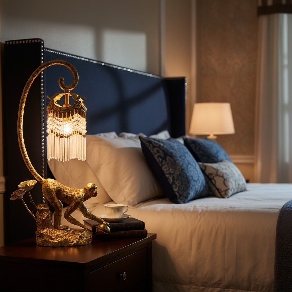 Zira Table Lamp placed on a desk in a modern home office.
