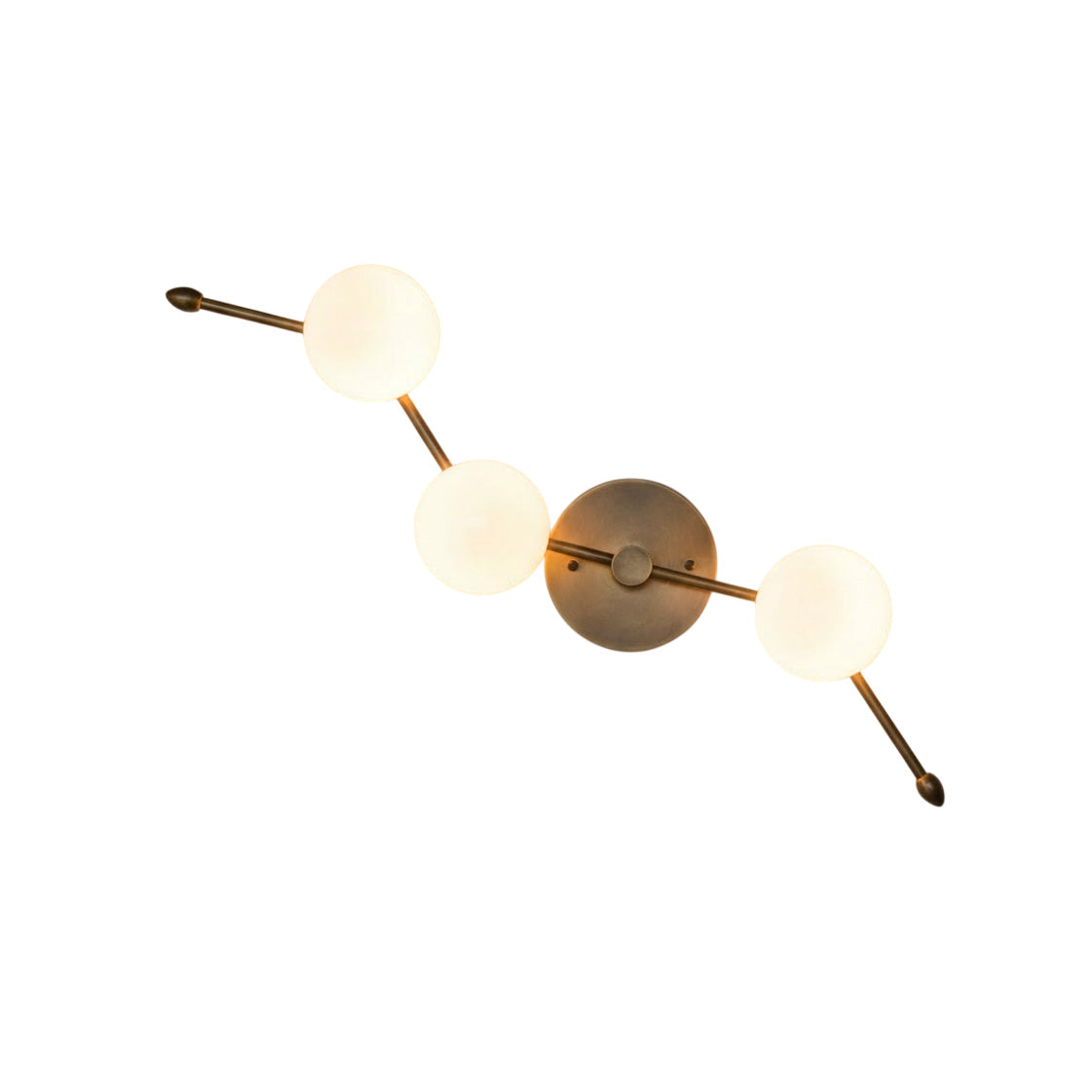Zodiac Wall Lamp with antique brass finish and two white glass shades.