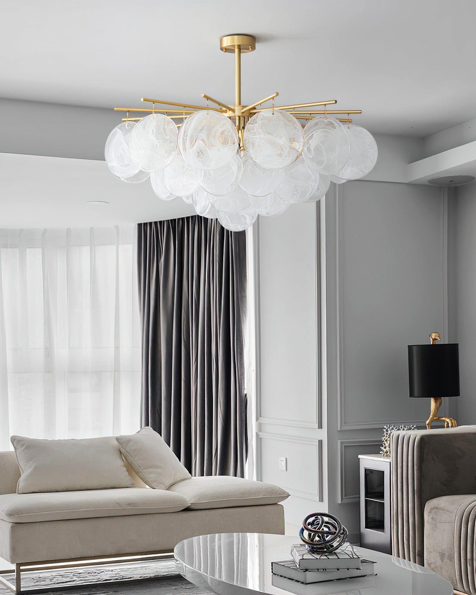 The Celestia Chandelier in black finish, highlighting its contemporary look.