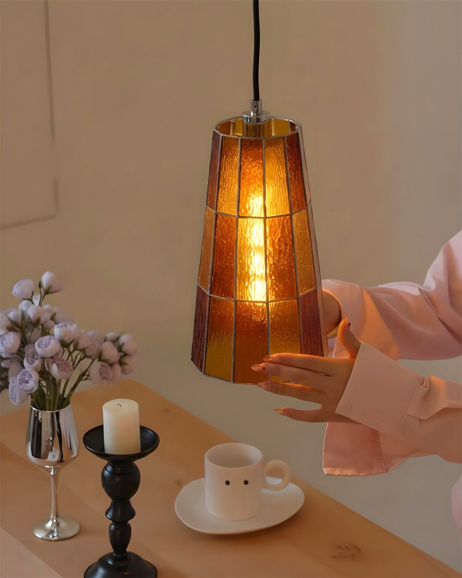 Close-up of the paneled glass construction of the Zola Pendant Lamp.