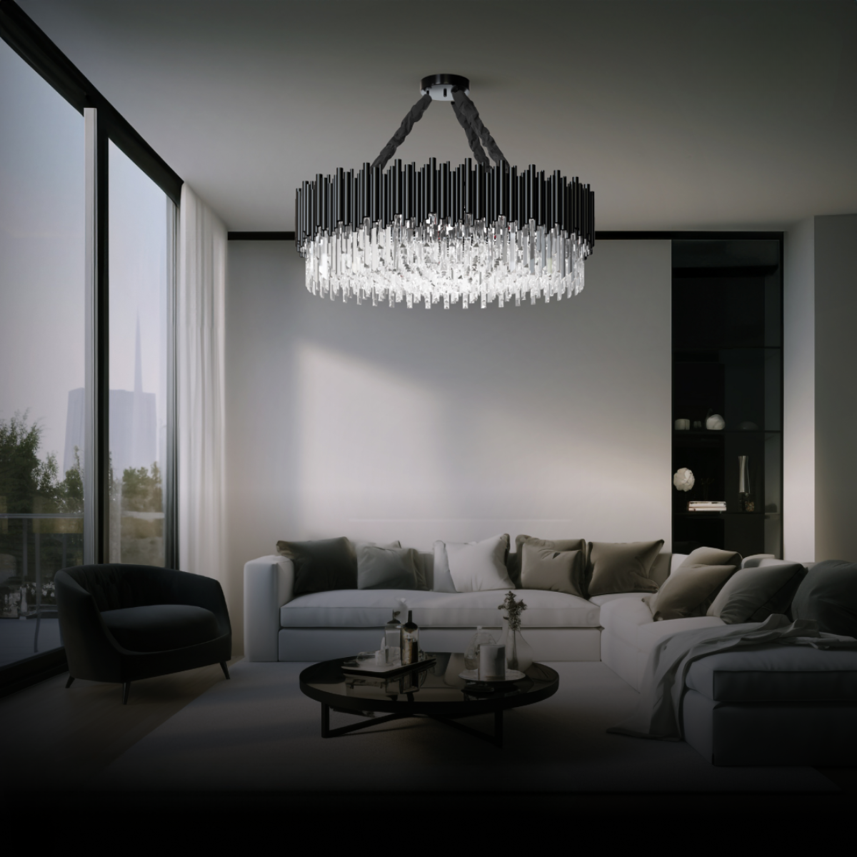 Kristy Industrial Cylindrical Crystal/Metal Chandeliers Black Living Room - Neutral Decor