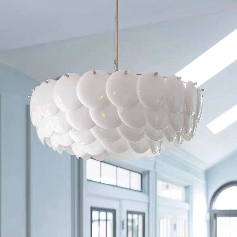 Arisha Wihte Art Deco Chandelier Light Fixture, Ceramic Leaf & Metal - Neutral Decor