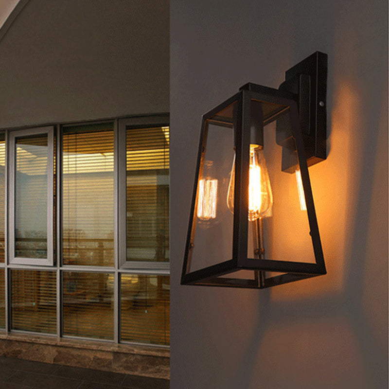 Austin Retro Black Industrial Lantern Wall Lamp, Metal & Glass - Neutral Decor