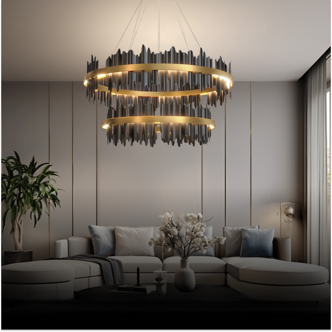 Kristy Industrial Chandelier Cylindrical Metal Black Gold Living Room - Neutral Decor
