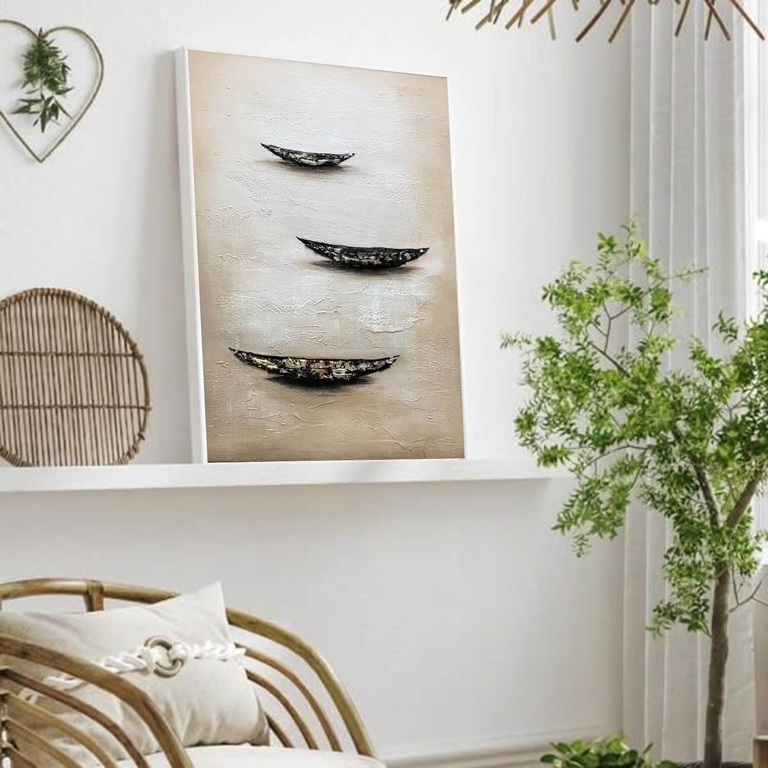 Wall Art Minimalist Boat Trio Serene Seascape - Neutralighting