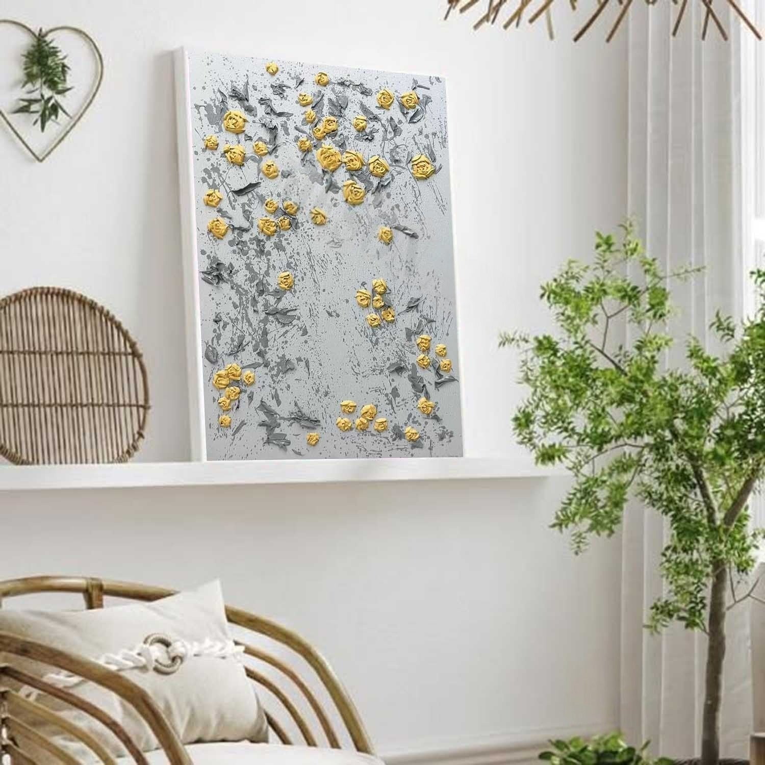 Wall Art Vertical 3D Impasto Yellow Rose - Neutralighting