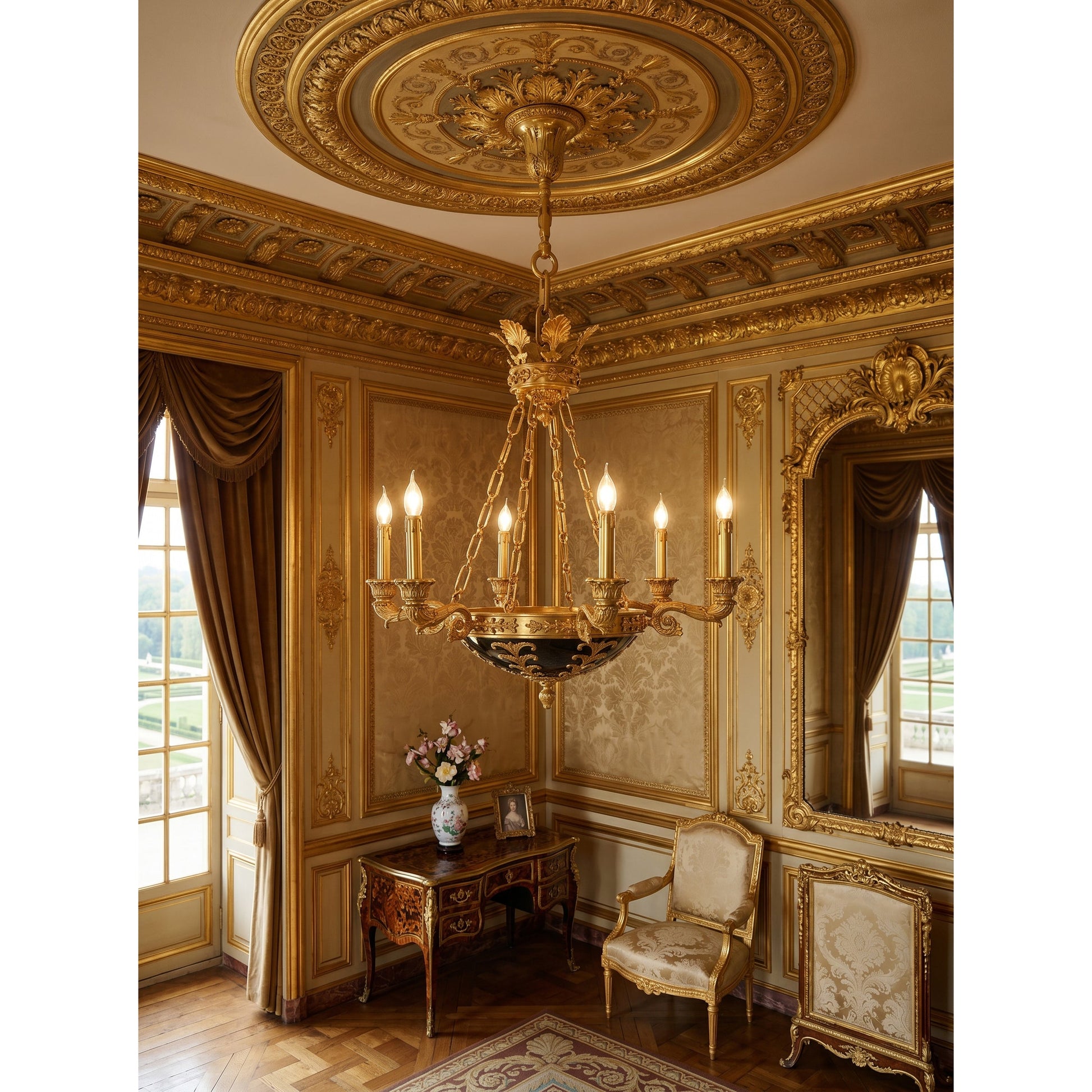 The Amelie Grand Chandelier with a full brass finish against a dark wall.