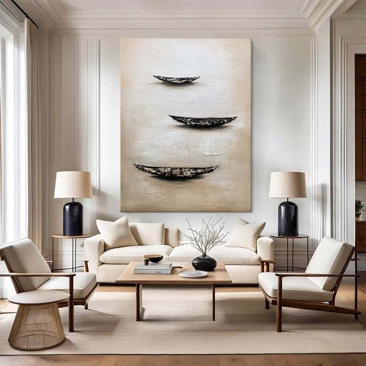 Wall Art Minimalist Boat Trio Serene Seascape - Neutralighting