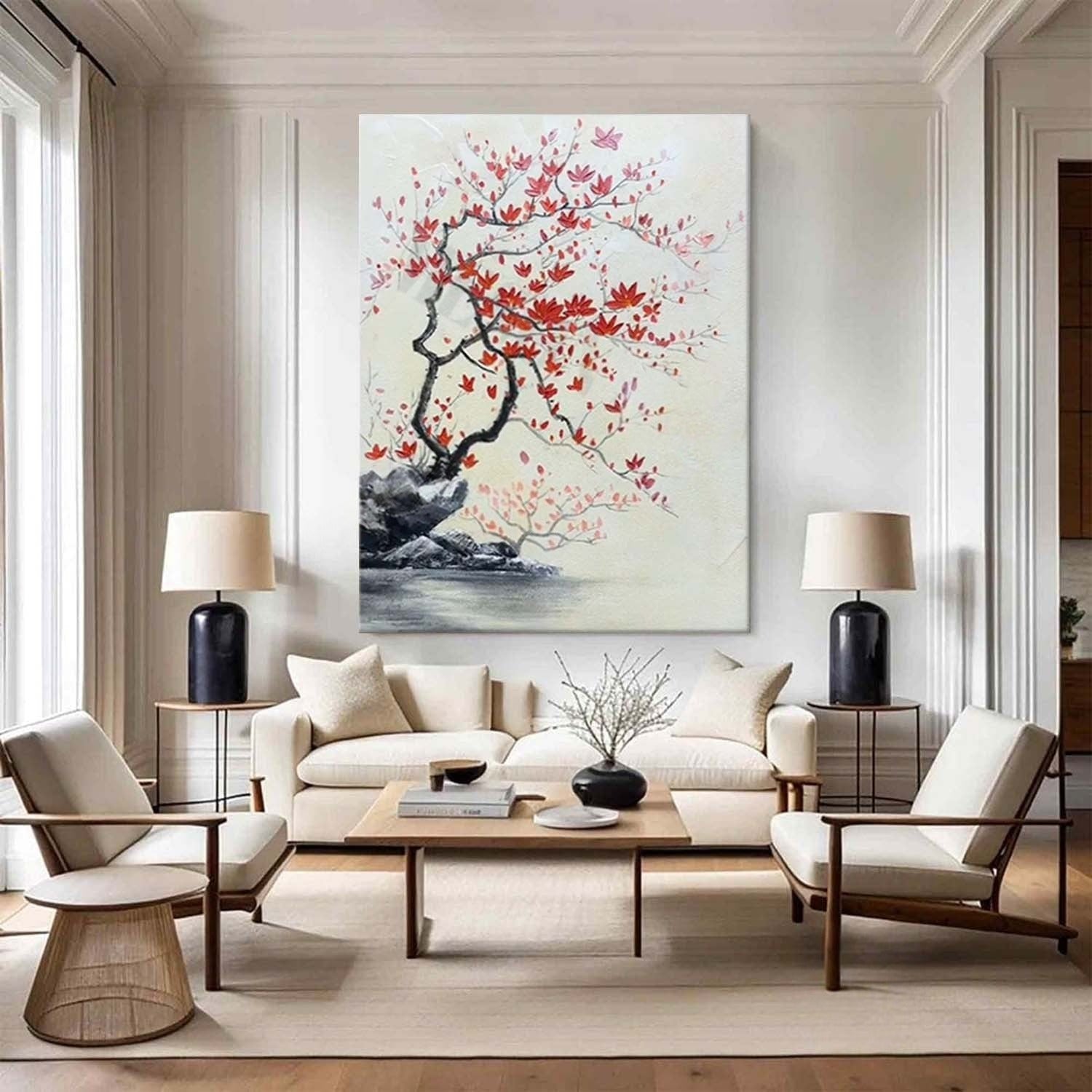 Wall Art Oriental Maple Blossom Rock Landscape - Neutralighting
