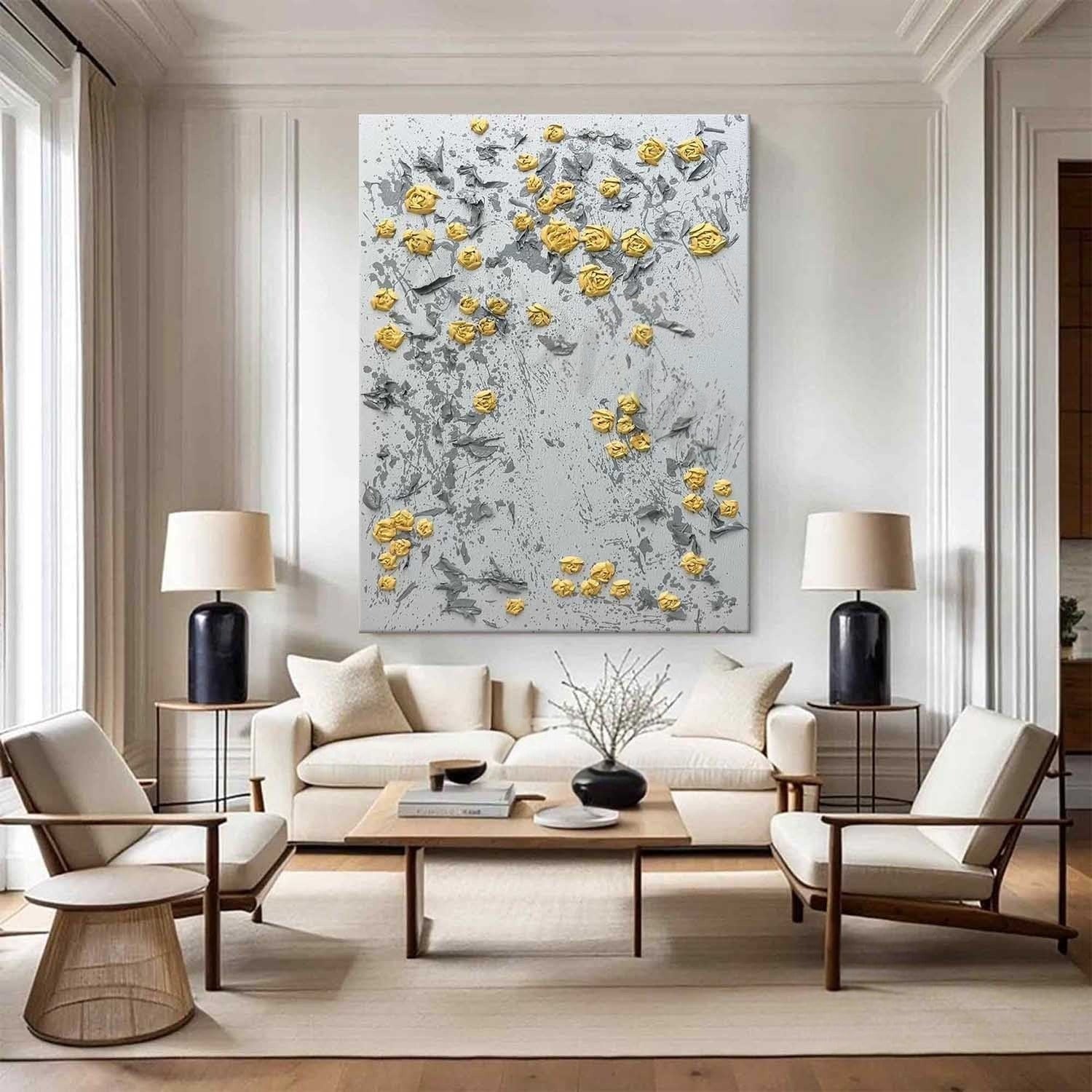 Wall Art Vertical 3D Impasto Yellow Rose - Neutralighting