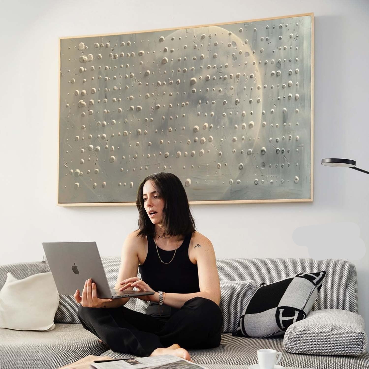 Wall Art Neutral Dotted Moon Canvas Painting - Neutralighting