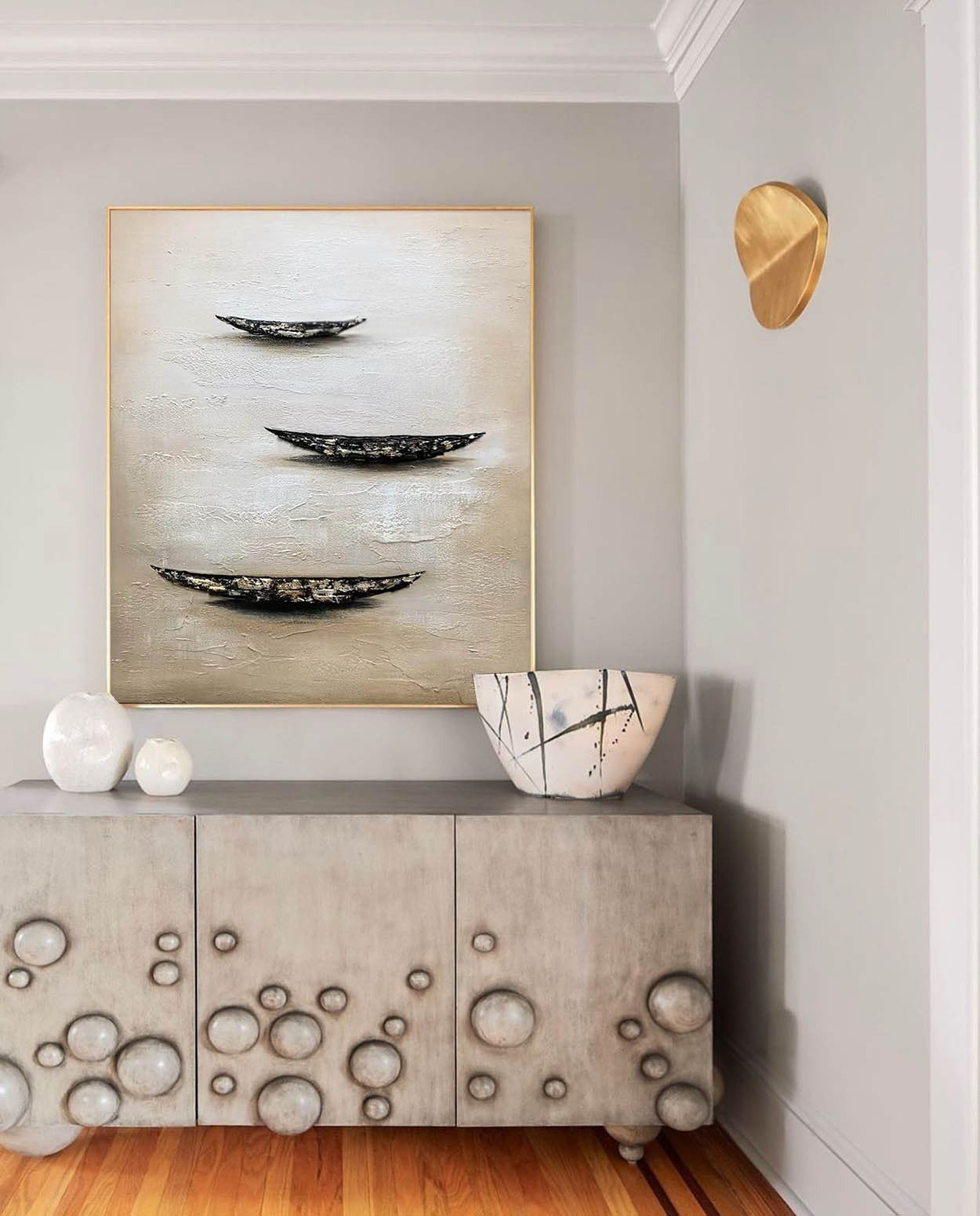 Wall Art Minimalist Boat Trio Serene Seascape - Neutralighting