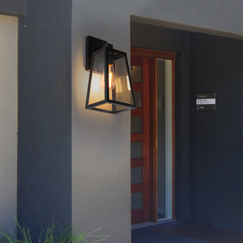 Austin Retro Black Industrial Lantern Wall Lamp, Metal & Glass - Neutral Decor