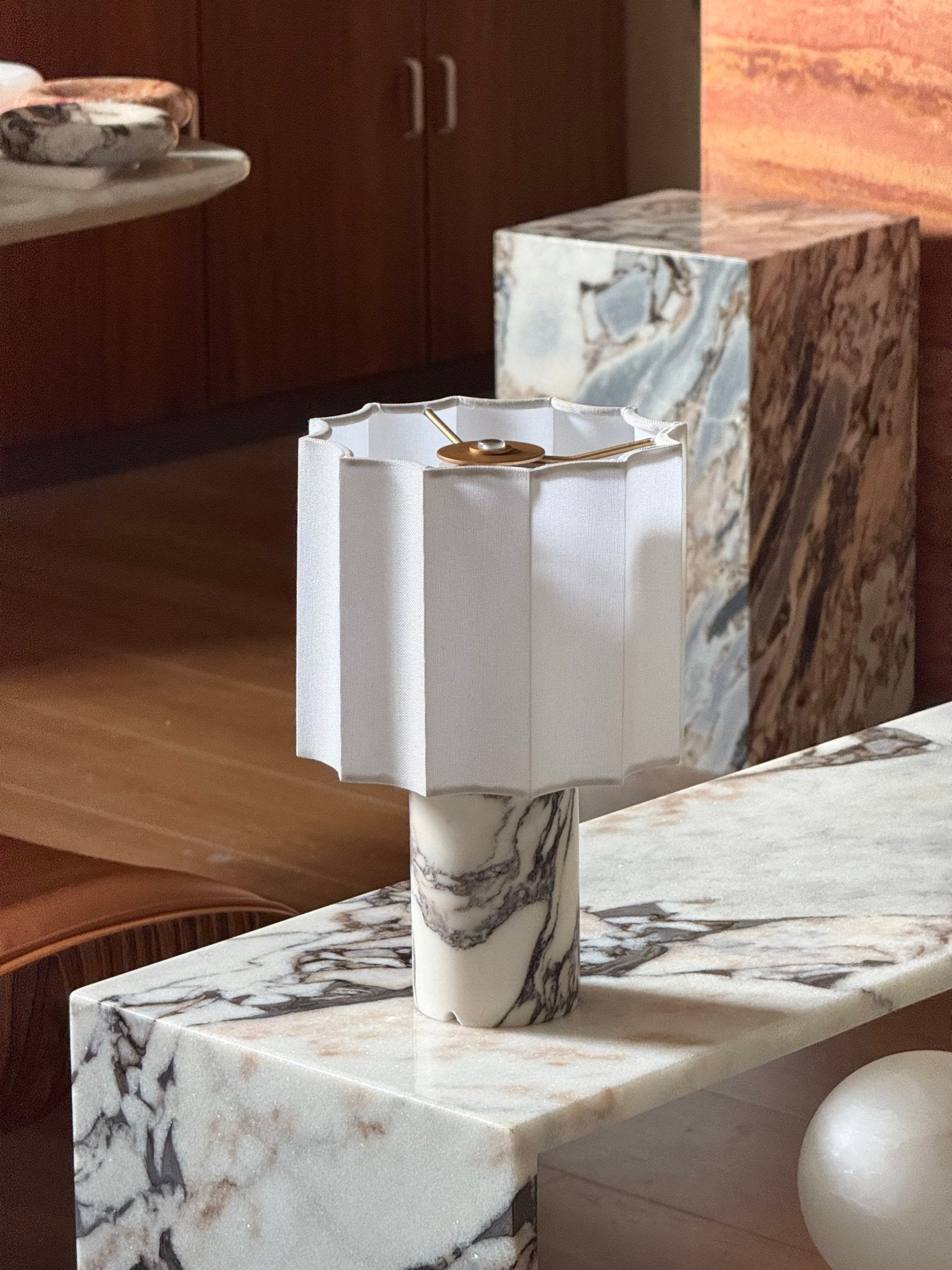 Serenity Pleated Fabric & Marble Table Lamp-Neutral Decor