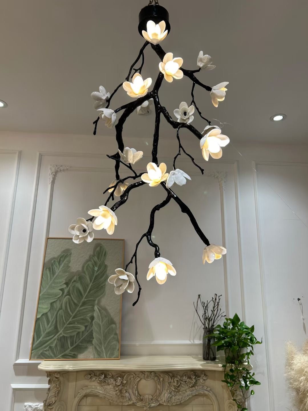 Rae Chandelier Black Branch Flower-Neutral Decor