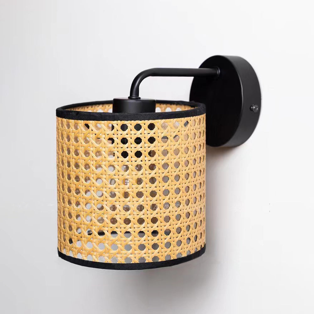 Muto Rustic Cylindrical Rattan/Metal Wall Lamp, Brown - Neutral Decor