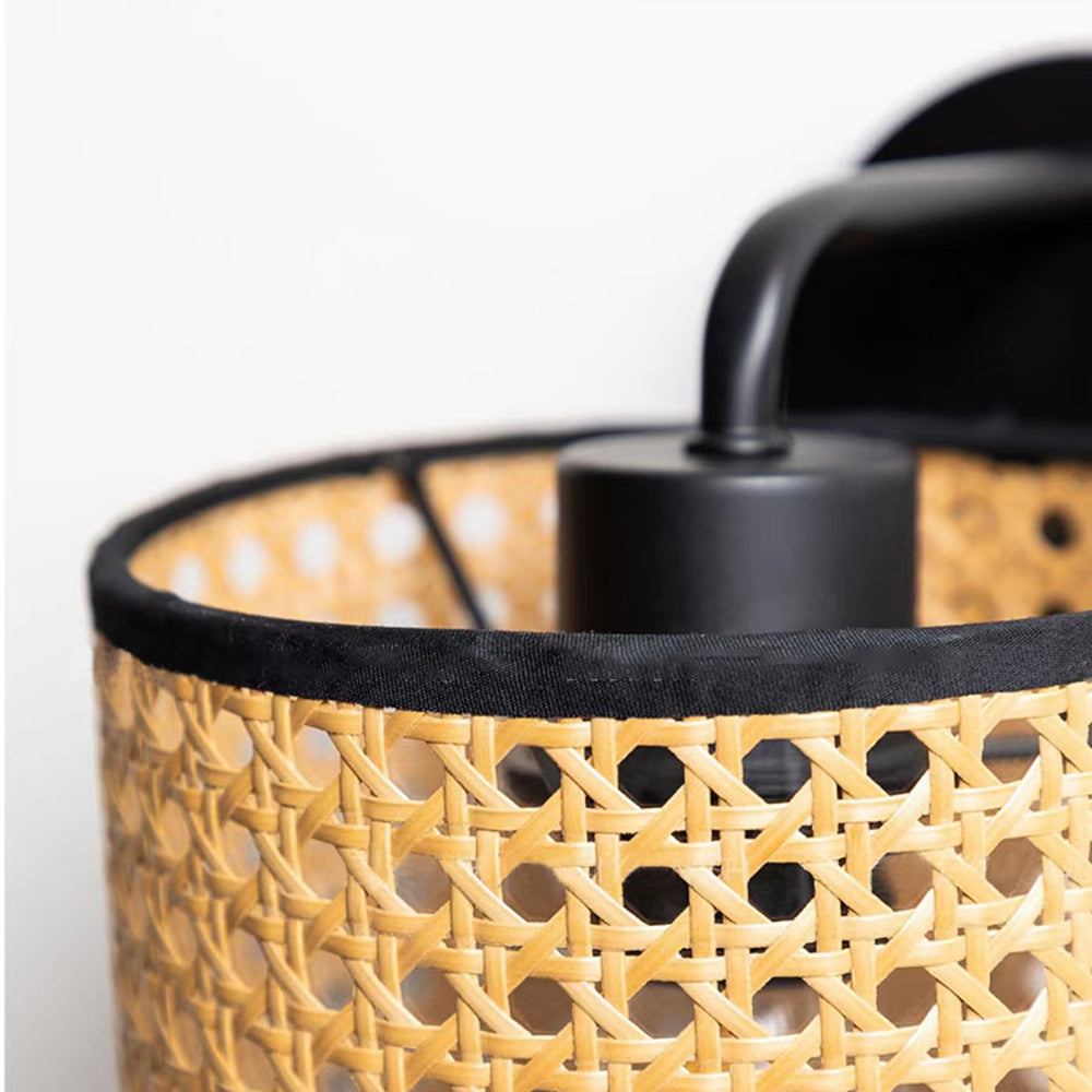 Muto Rustic Cylindrical Rattan/Metal Wall Lamp, Brown - Neutral Decor