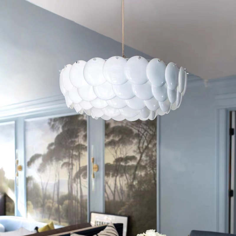 Arisha Wihte Art Deco Chandelier Light Fixture, Ceramic Leaf & Metal - Neutral Decor