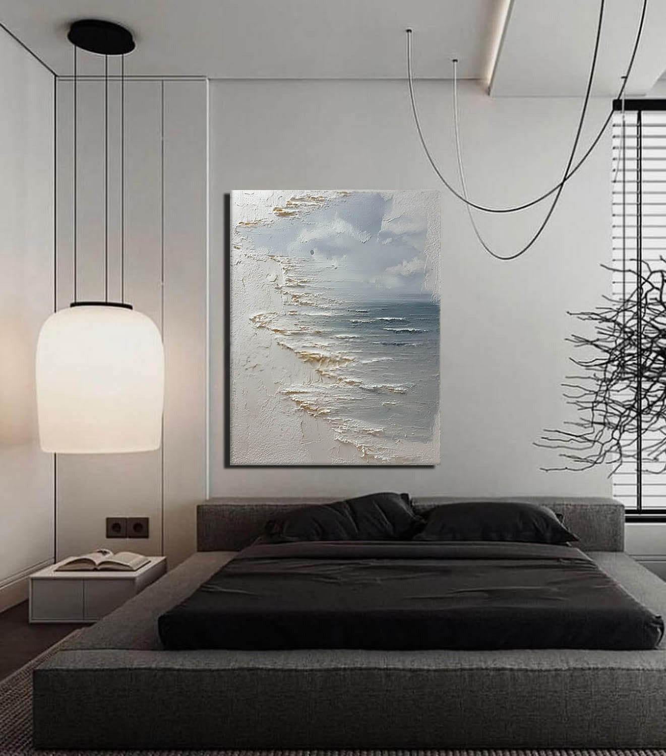 Wall Art Vertical Textured Abstract Sea Relief Scene Cool Coastal - Neutralighting
