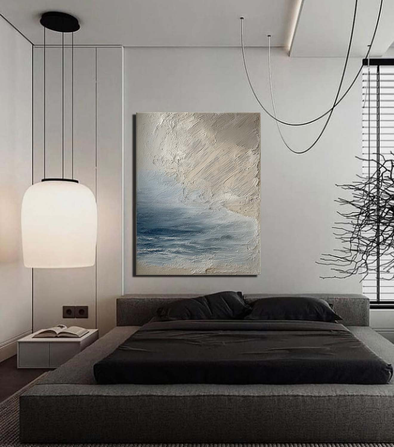 Wall Art Vertical Textured Abstract Sea Relief Scene Cool Coastal - Neutralighting