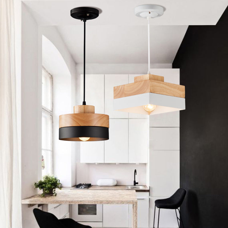 Aria Minimalist Black & White Wood Geometric Pendant Light - Neutral Decor