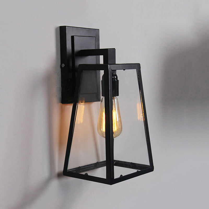 Austin Retro Black Industrial Lantern Wall Lamp, Metal & Glass - Neutral Decor