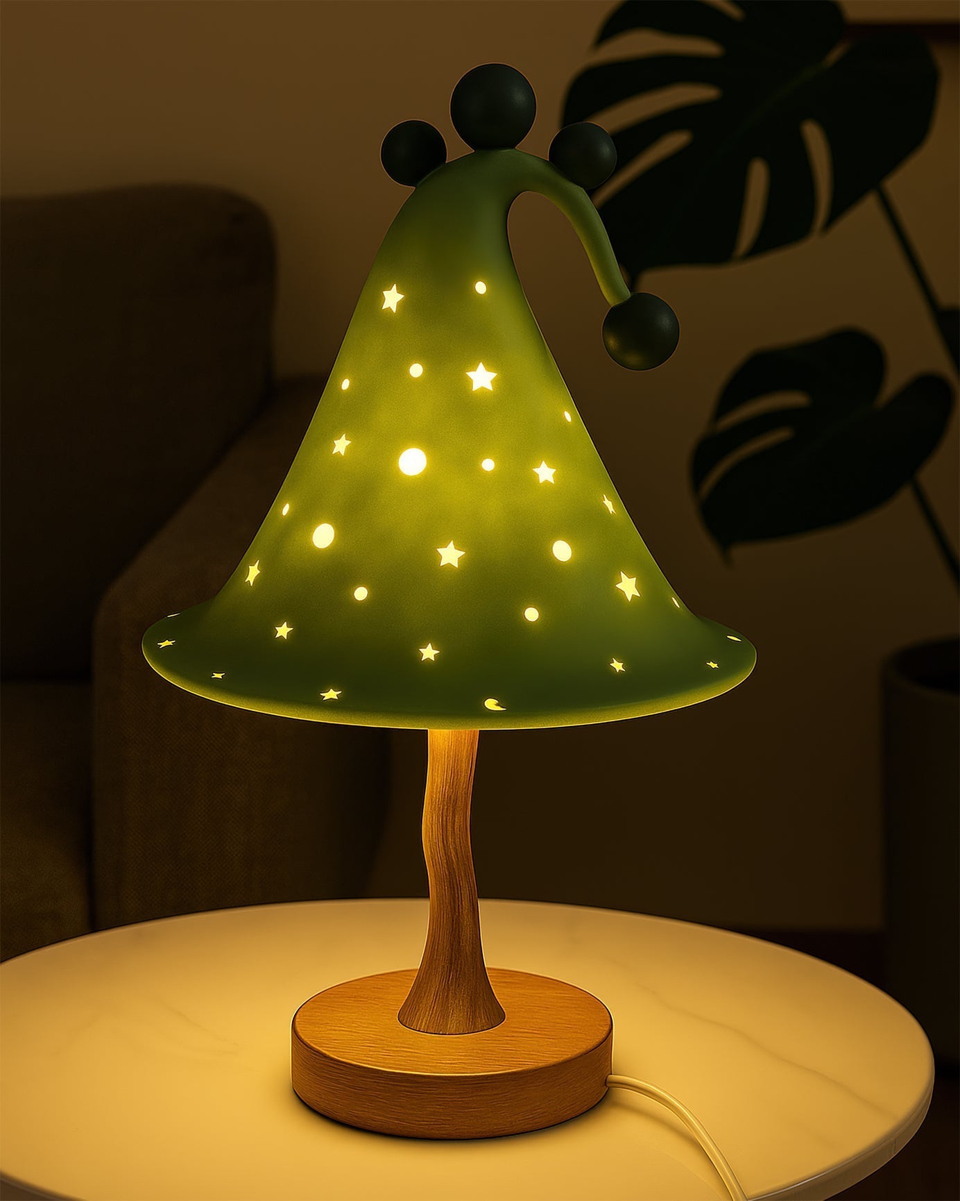 Top-down view of the lamp, highlighting the pointy hat shape.