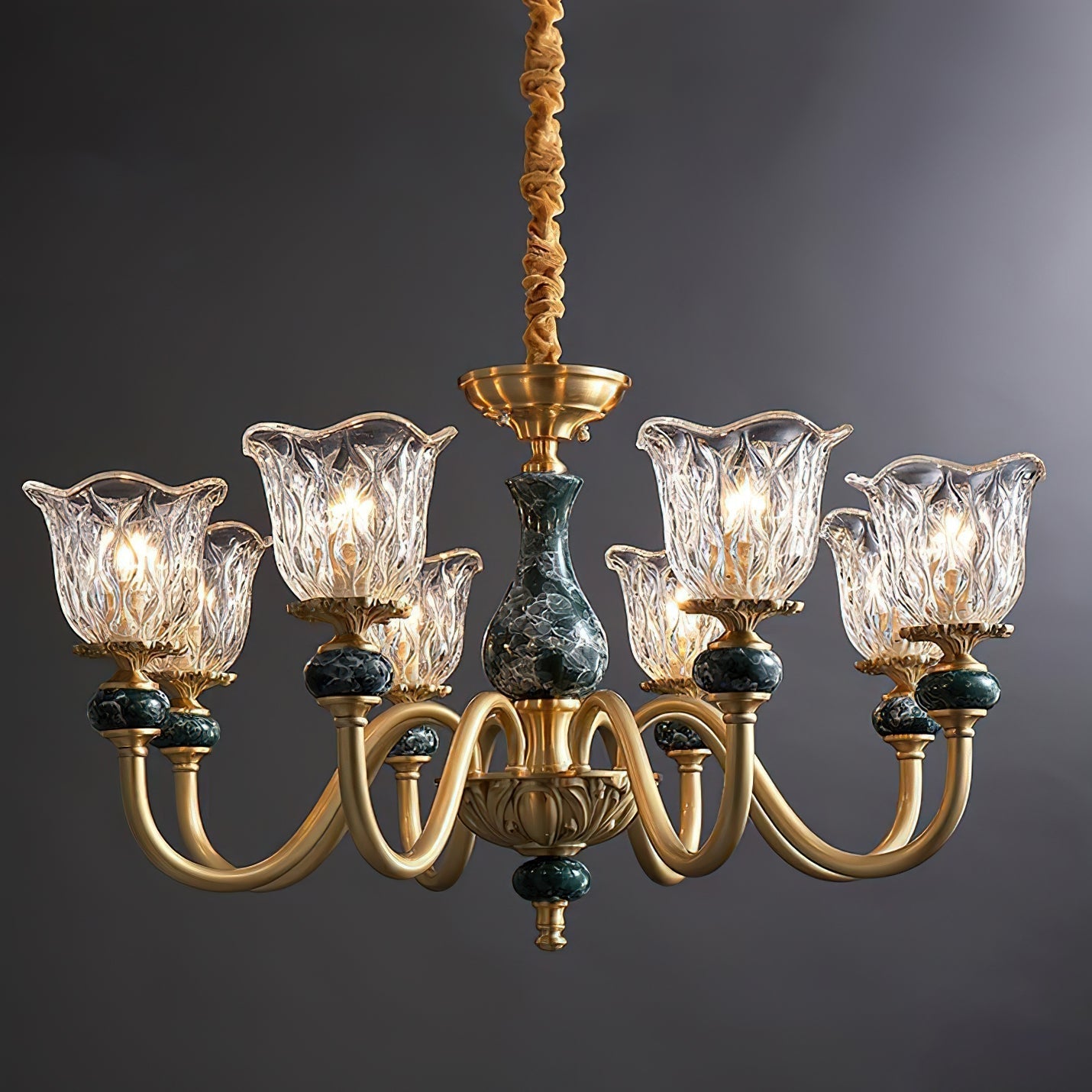 Dieppe Chandelier hanging in a formal dining room.