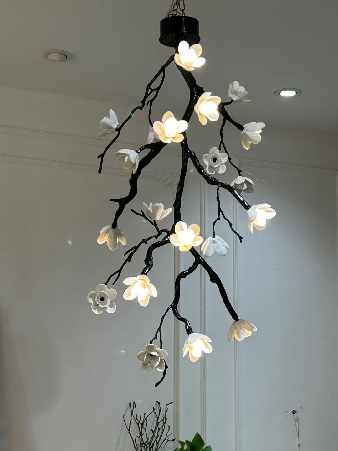 Rae Chandelier Black Branch Flower-Neutral Decor