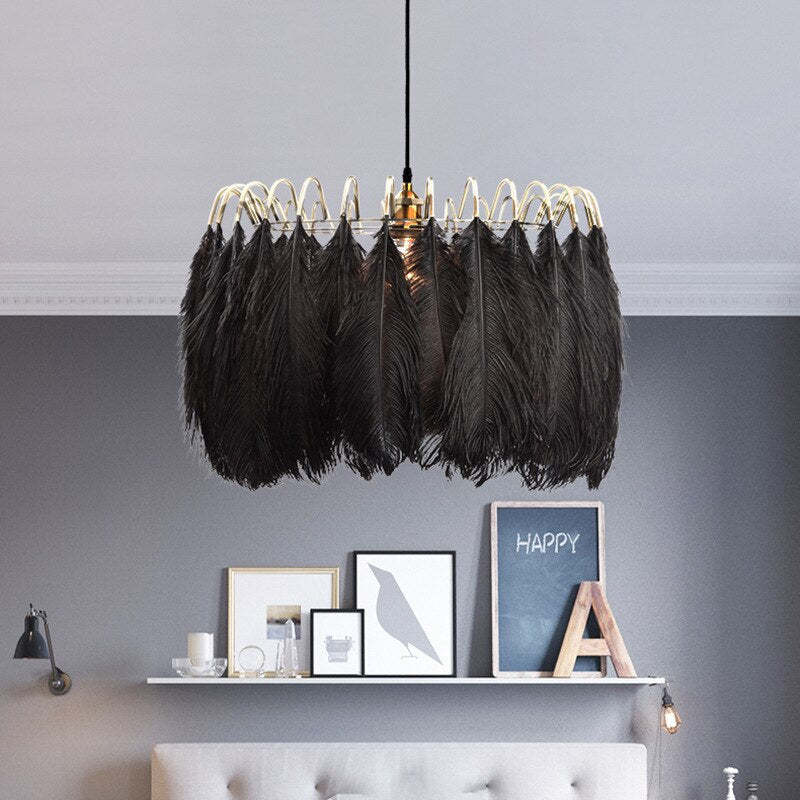 O'Moore Elegant Feather Pendant Light, Black/White, Bedroom/Living Room - Neutral Decor
