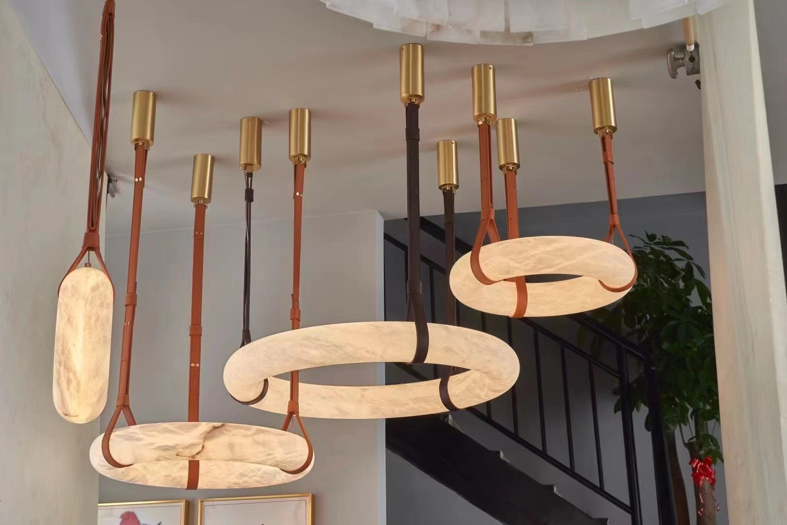 Tarys Alabaster Chandeliers Ring Leather Strap Version B-Neutral Decor