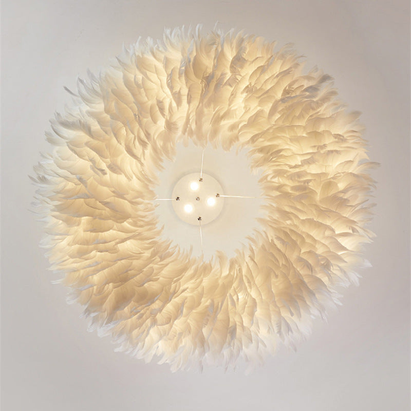 O'Moore Romantic Ring Feather/Metal Pendant Light, Natural Ostrich - Neutral Decor
