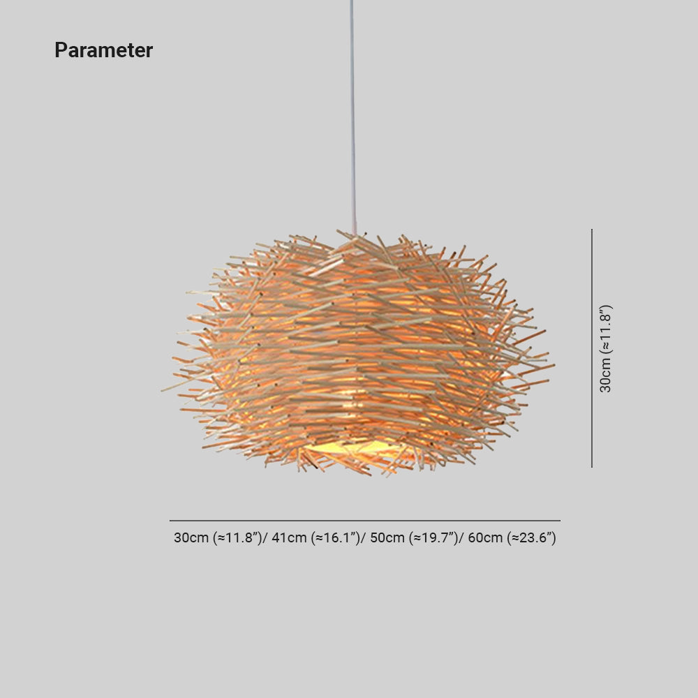 Muto Wooden Bird Nest Rattan Pendant Light, Brown/Wood - Neutral Decor