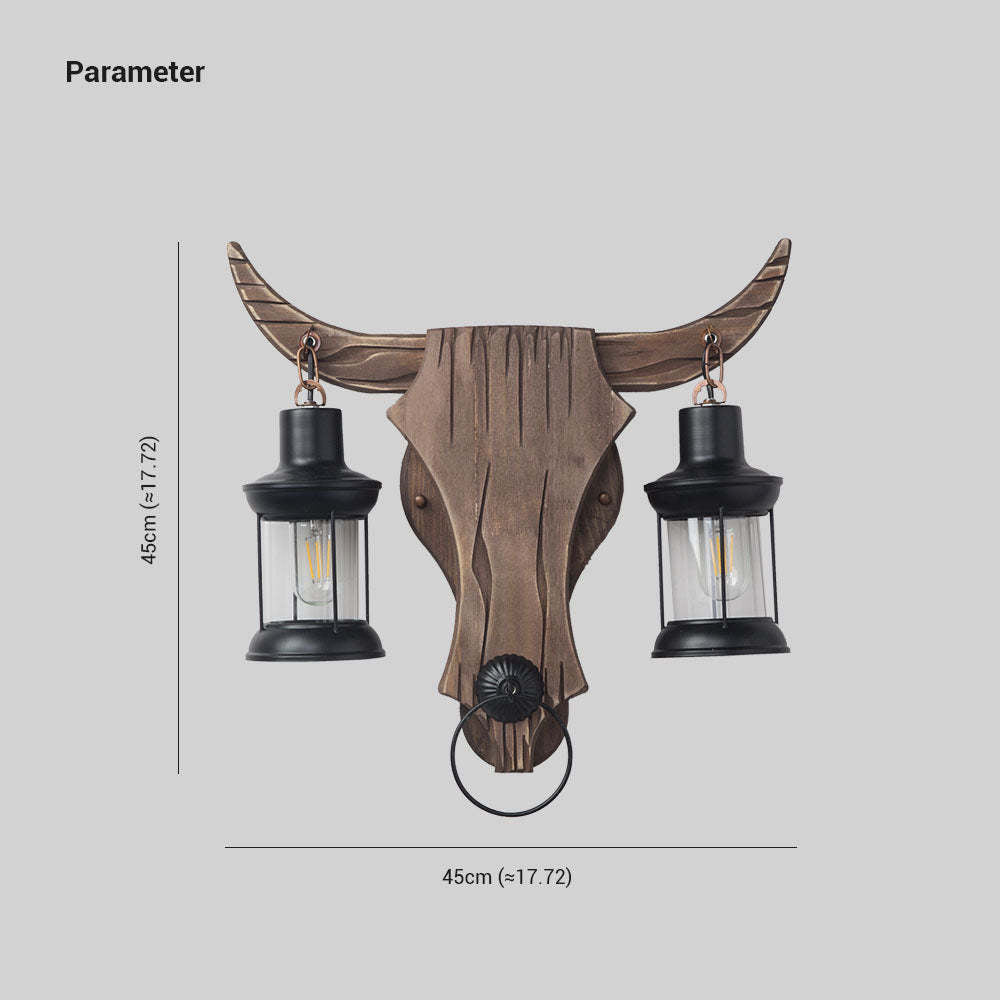 Austin Wall Lamp Bull Shape Vintage, 2 Heads Wood/Metal, Bedroom - Neutral Decor