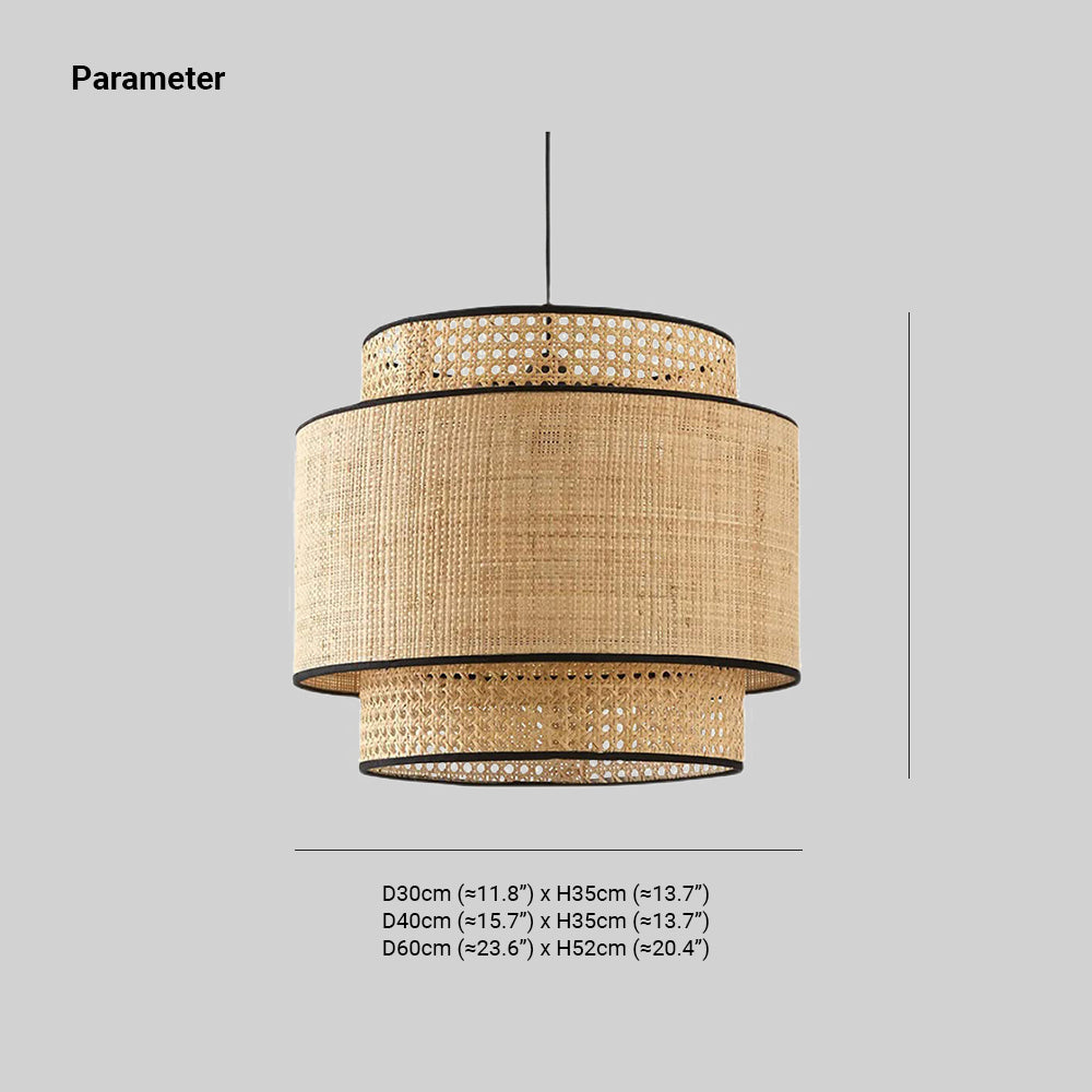 Ritta Wabi Sabi Tri-Layer Cylindrical Rattan/Metal Pendant Light, Wooden - Neutral Decor