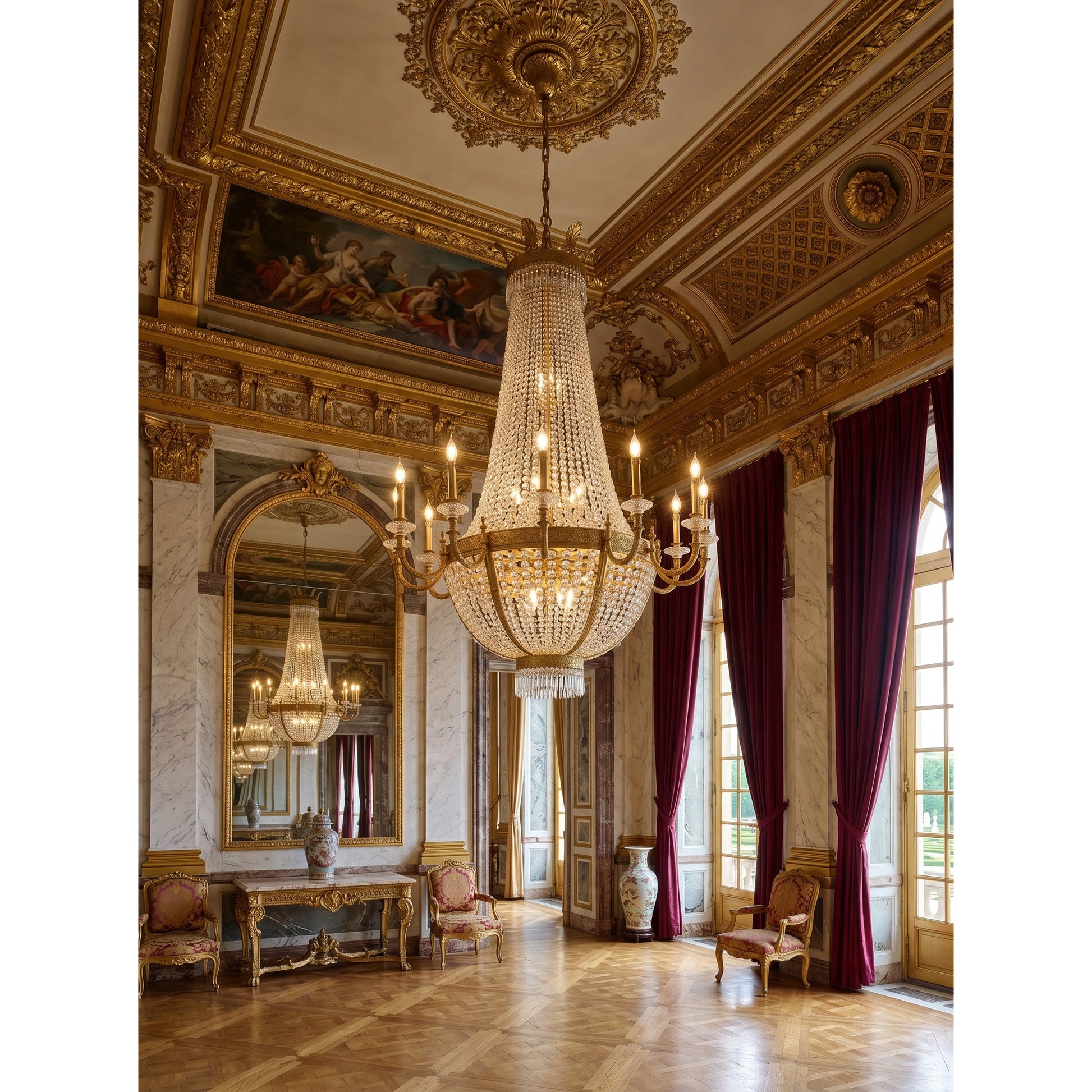 Full view of the 18-light chandelier against a dark wall.