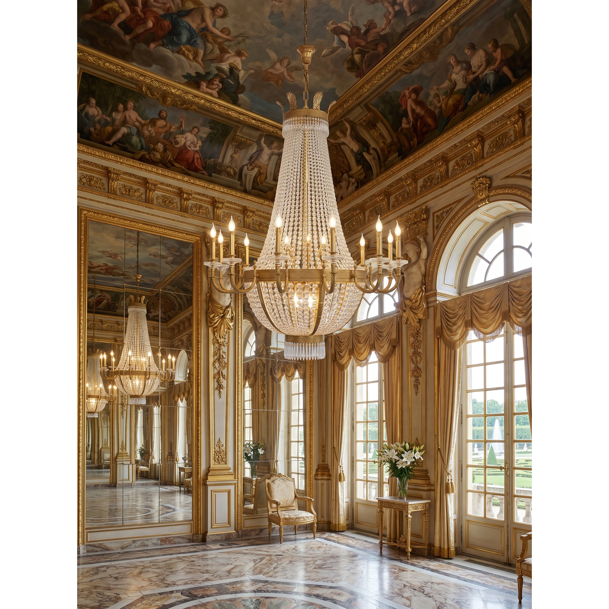Scale comparison of the Gabriella Chandelier in a hotel lobby.