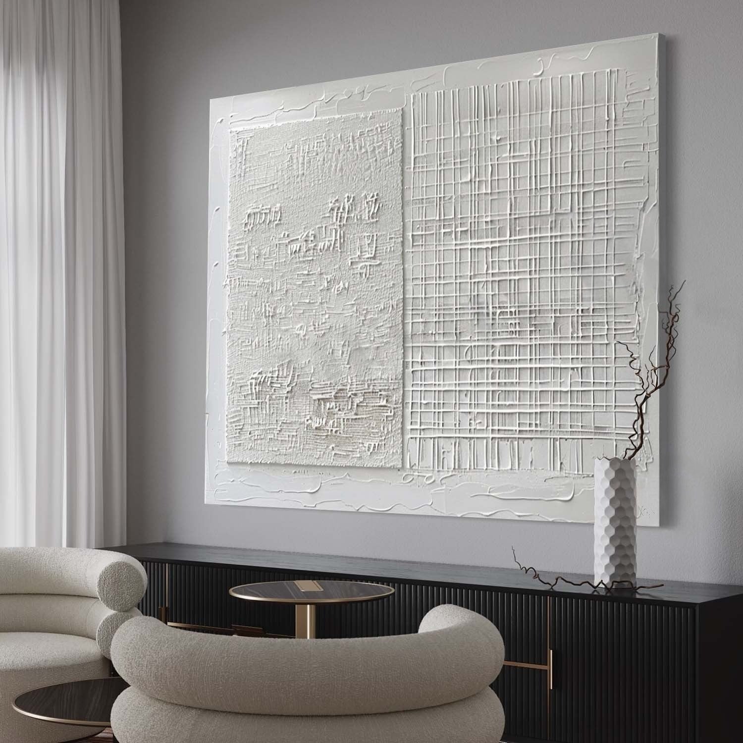 Wall Art White Split Grid Panel Canvas - Neutralighting