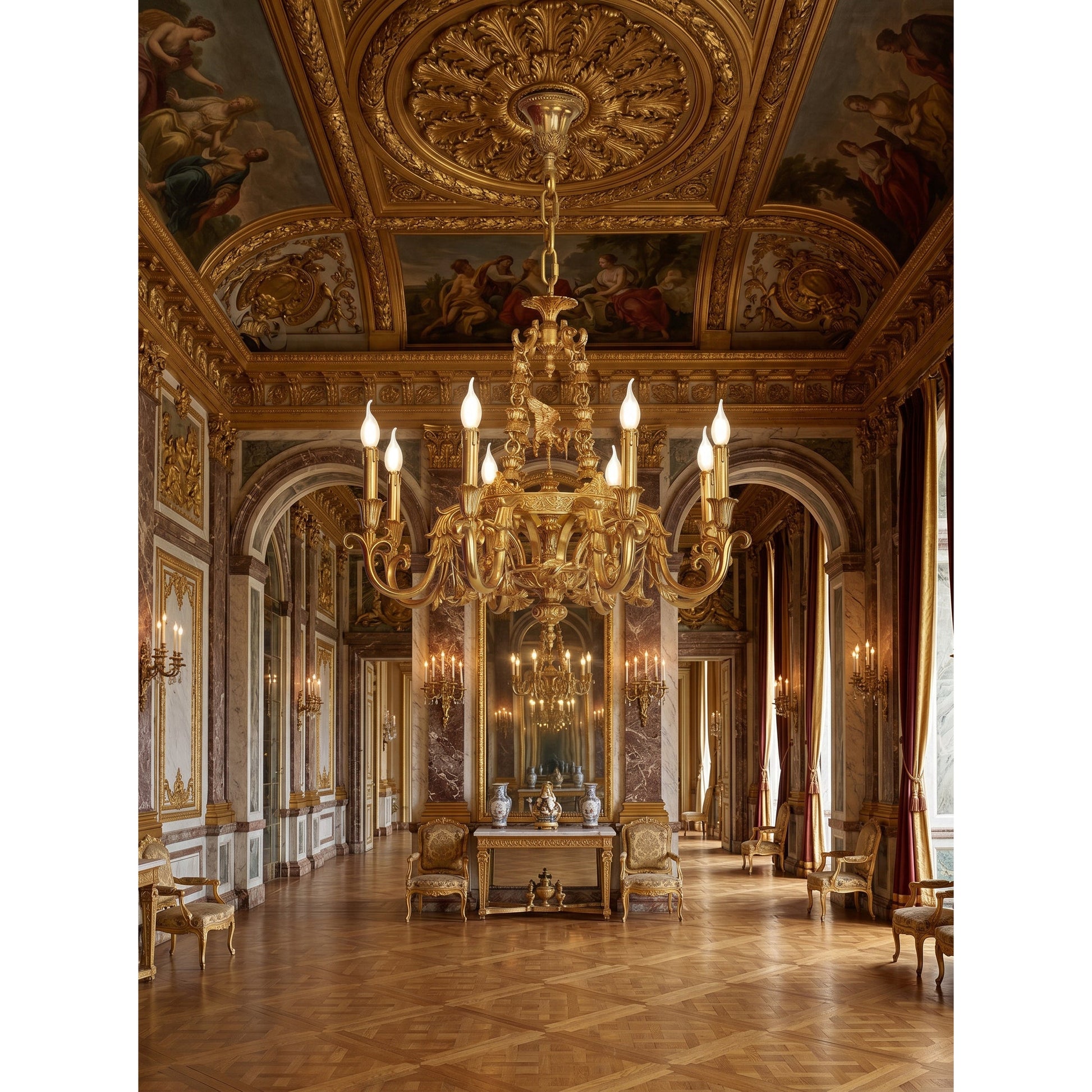 Side profile of the ornate Genualdi Brass Chandelier.