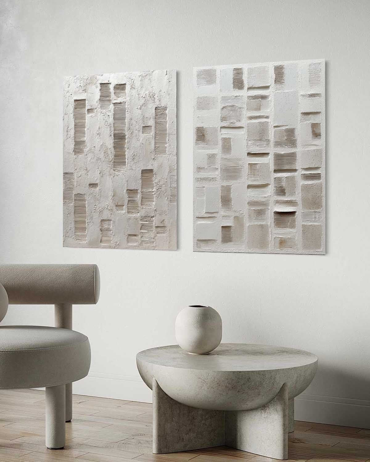 Wall Art Diptych Textured Abstract Geometric Scene Serene Neutral - Neutralighting