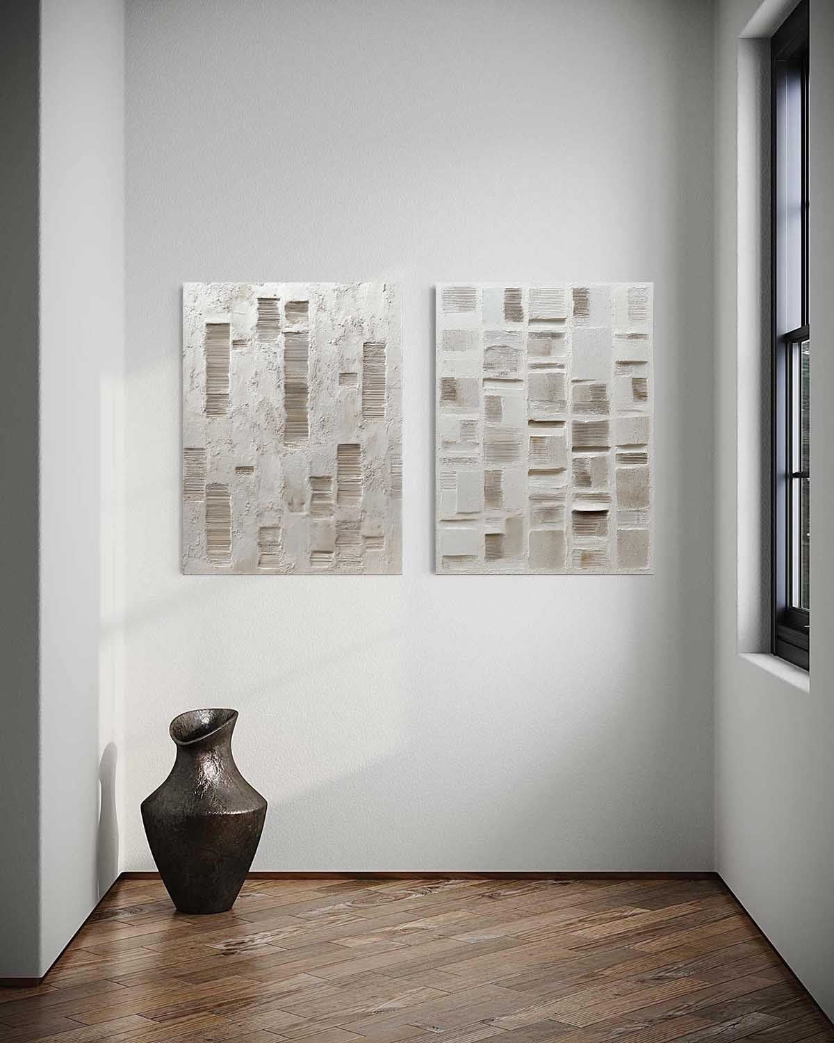 Wall Art Diptych Textured Abstract Geometric Scene Serene Neutral - Neutralighting