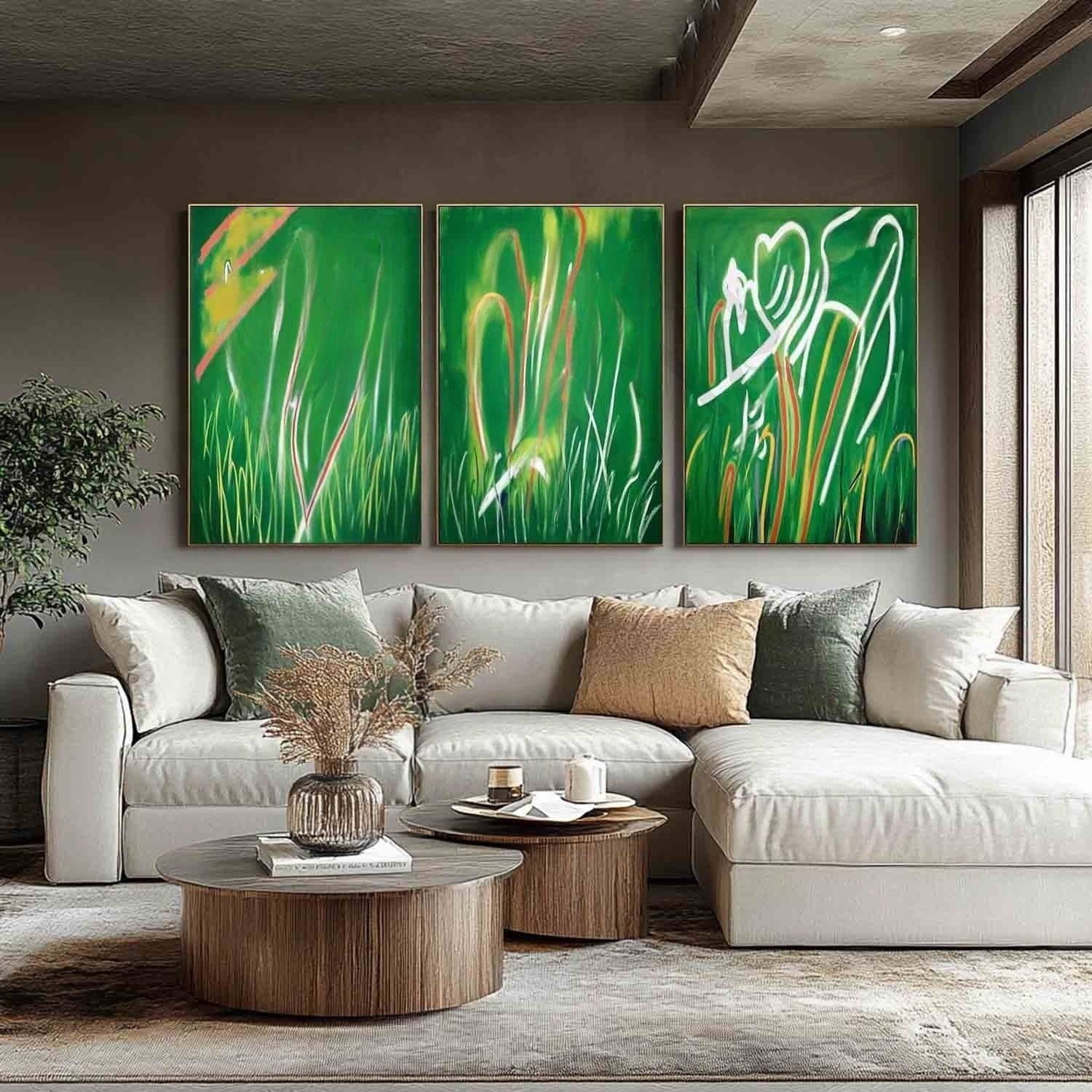 Wall Art Triptych Green Grass Abstract - Neutralighting
