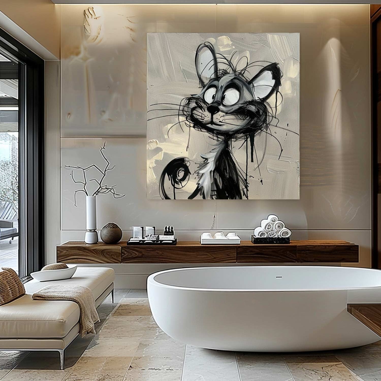 Wall Art Cartoon Cat Black White Drip Oil Painting - Neutralighting