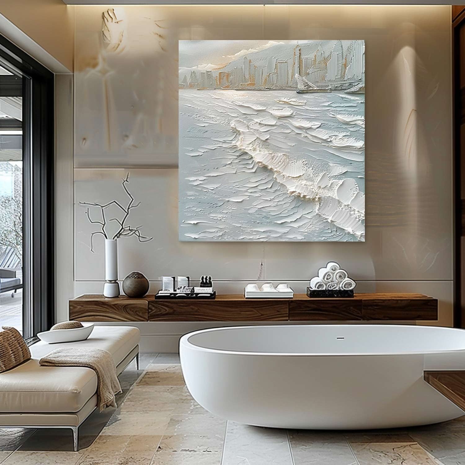 Wall Art Impasto Cityscape Coastal Skyline - Neutralighting