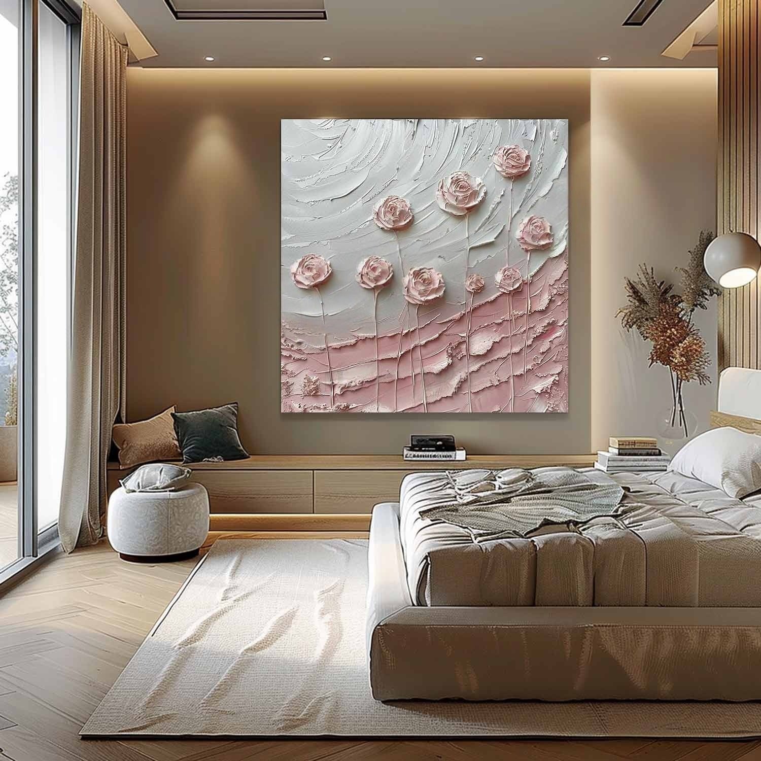 Wall Art Square Pink Rose Floral Painting - Neutralighting