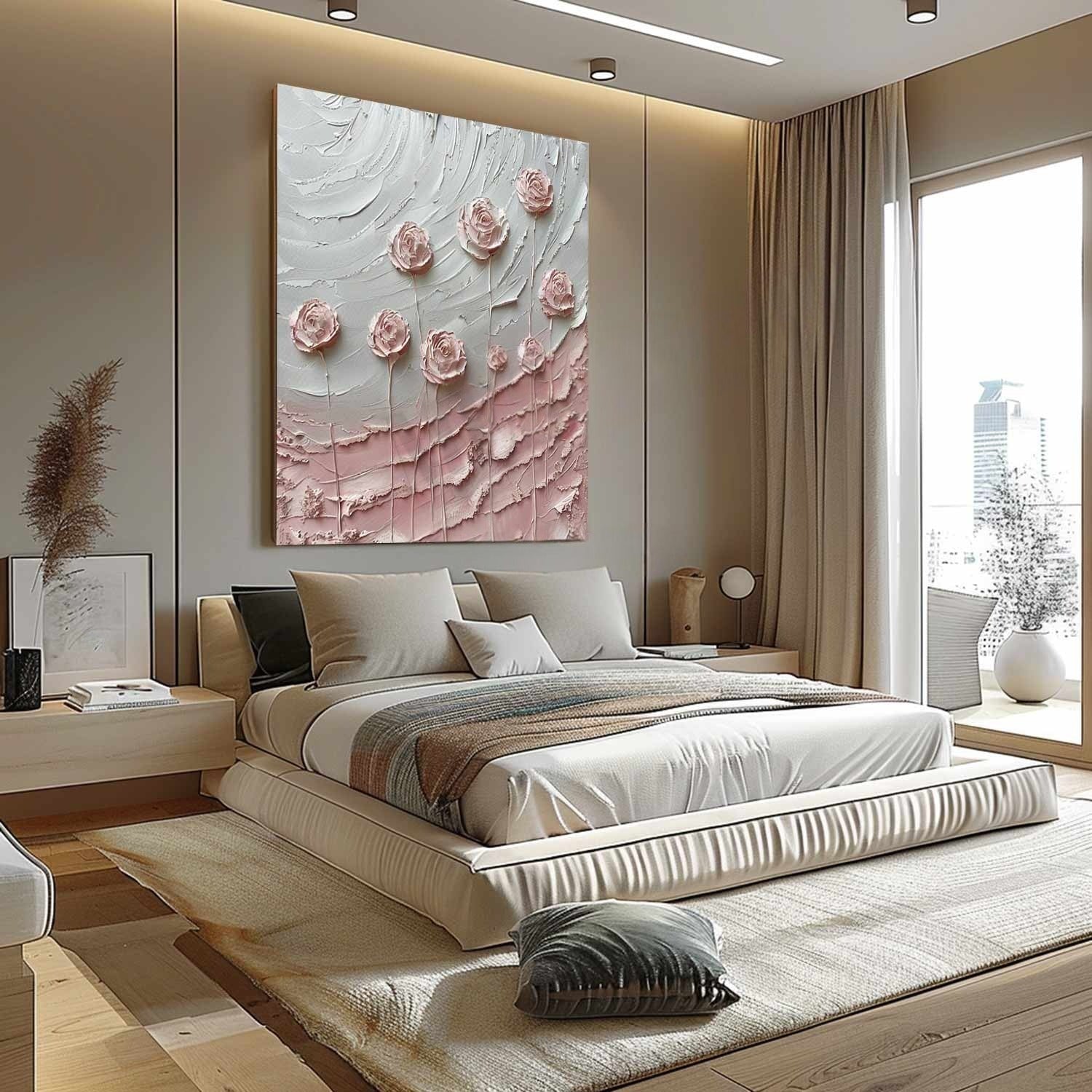 Wall Art Square Pink Rose Floral Painting - Neutralighting