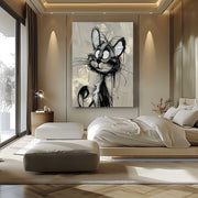Wall Art Cartoon Cat Black White Drip Oil Painting - Neutralighting
