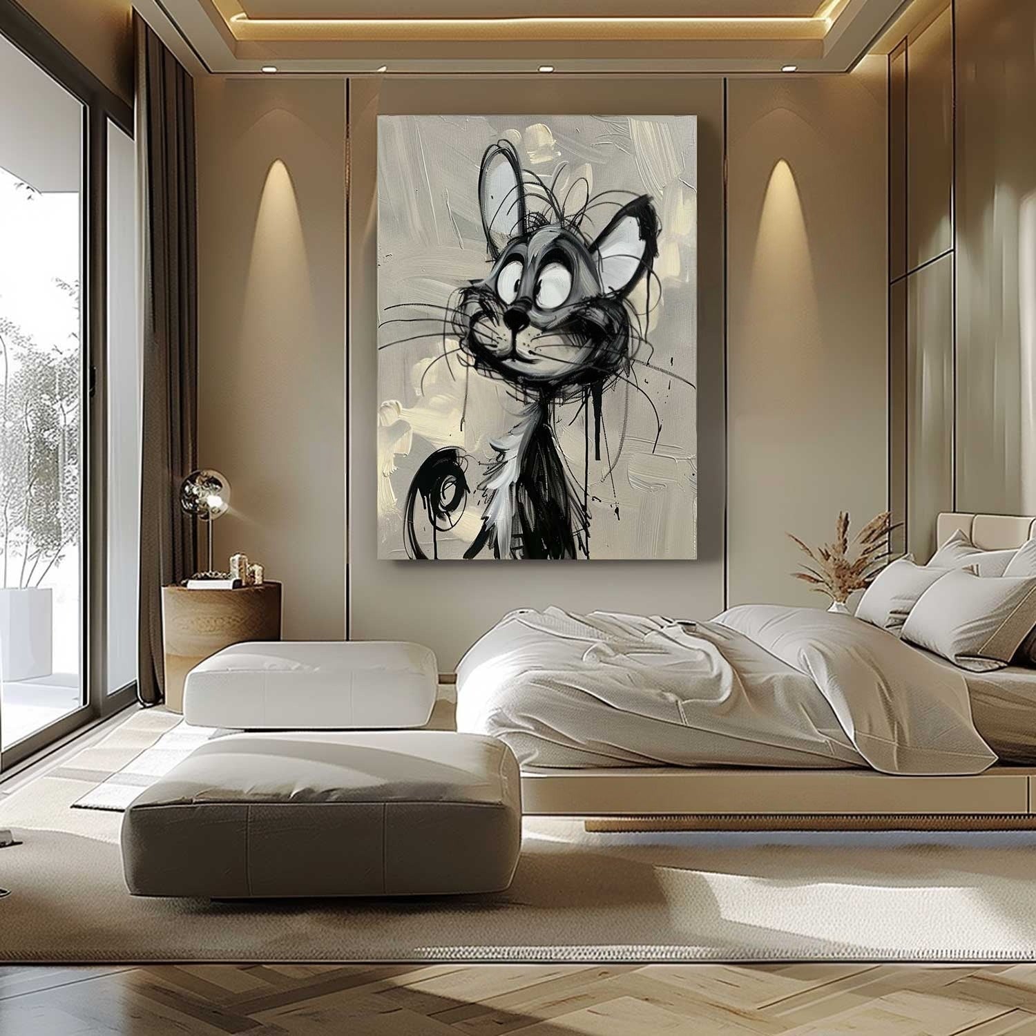 Wall Art Cartoon Cat Black White Drip Oil Painting - Neutralighting