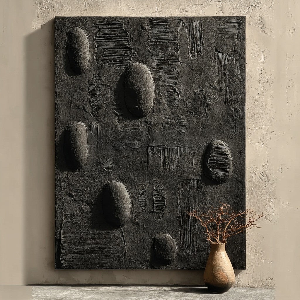 Black Minimalist Pebble Texture Painting - Neutralighting