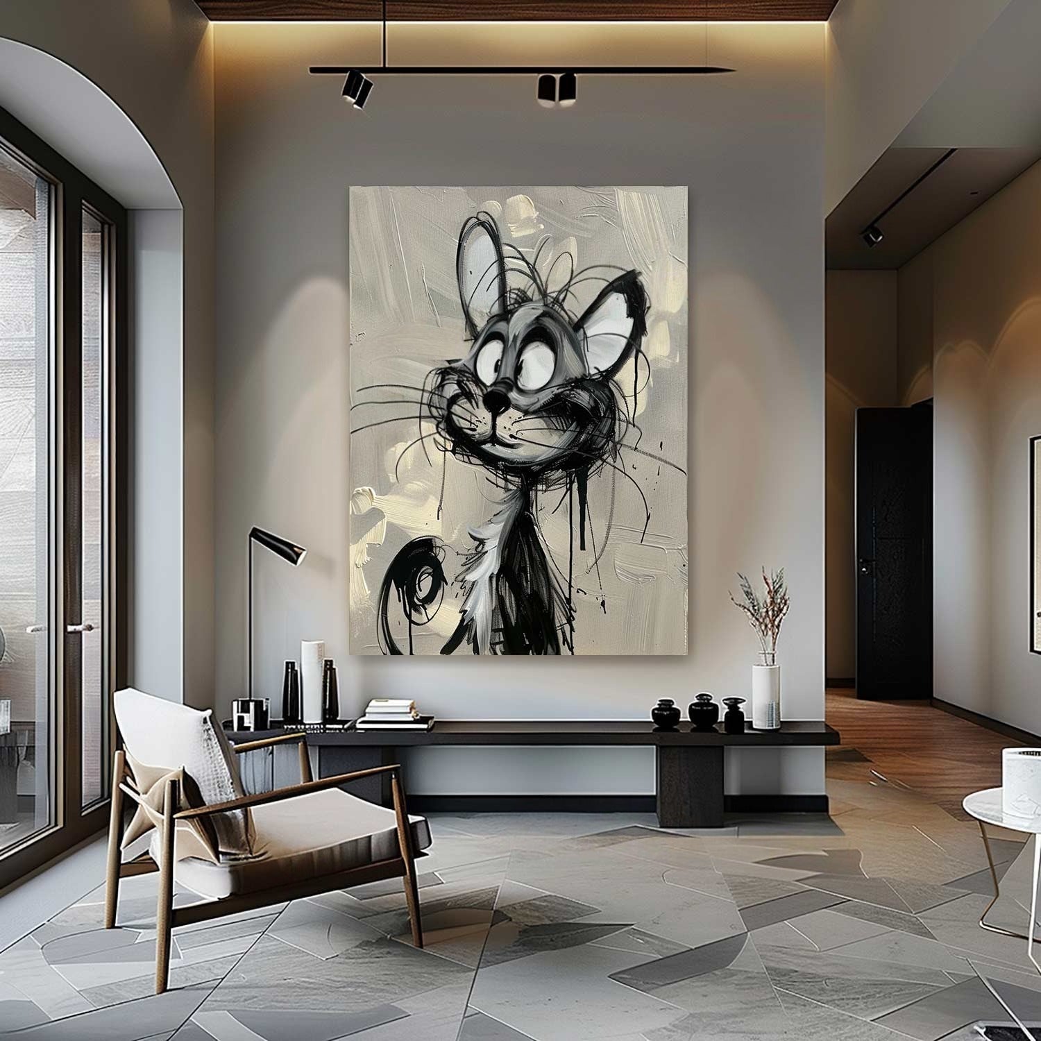 Wall Art Cartoon Cat Black White Drip Oil Painting - Neutralighting